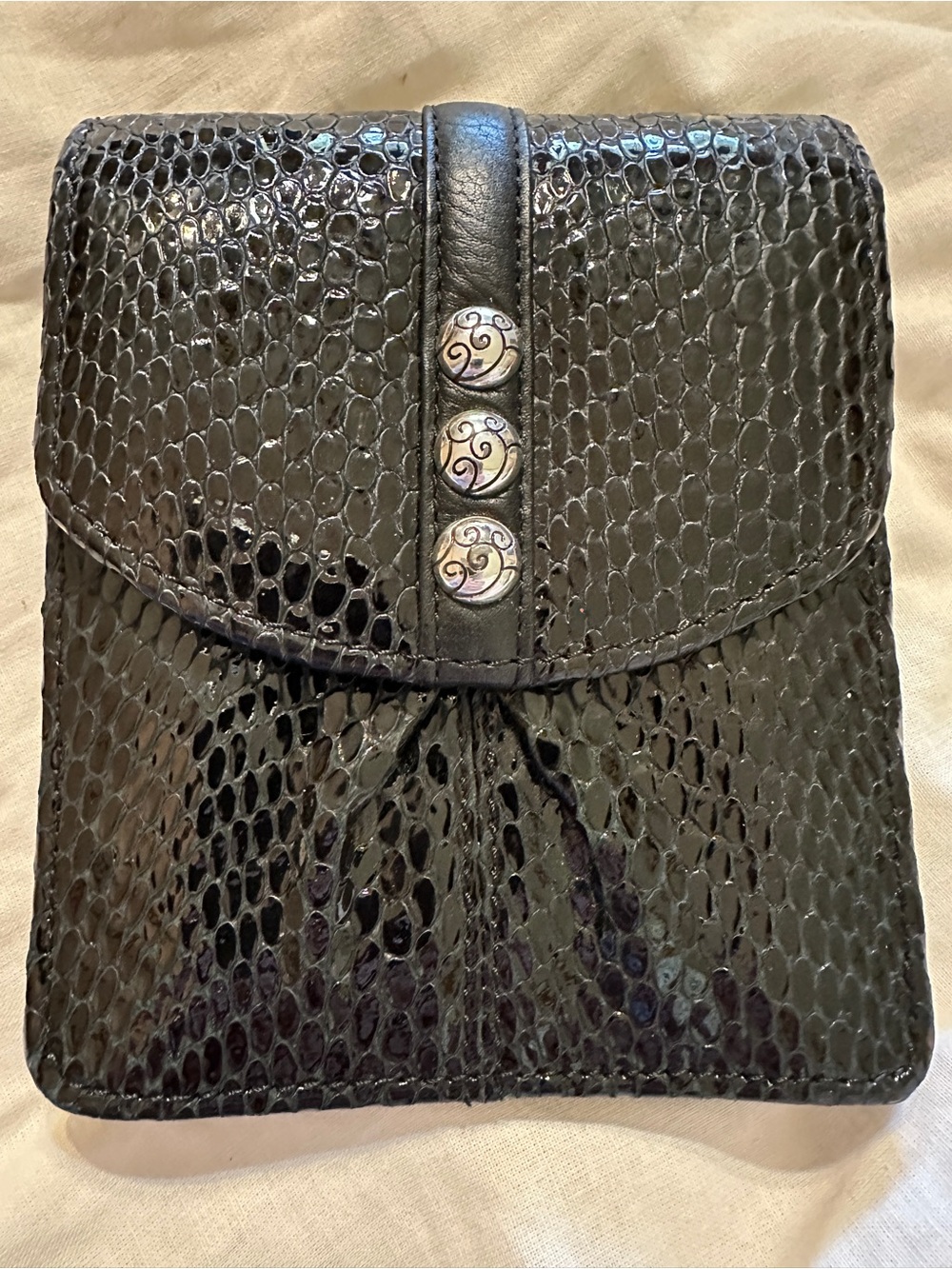 Vintage Brighton Tuxedo Black Snakeskin Embossed Leather Crossbody Organizer Wal